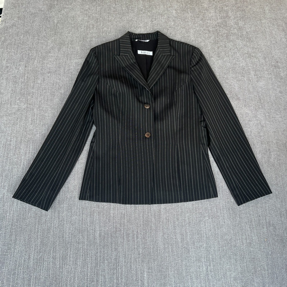 Marella Blazer Jacket Womens 6 Black Wool Blend Pinstriped Classic Professional